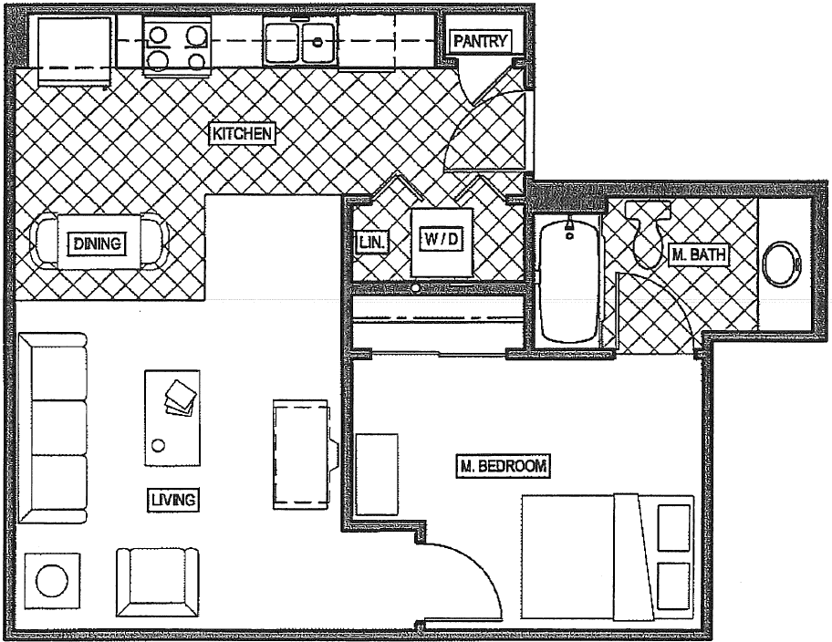 Floor plan for 1 bed, 1 bath, 543 sqft